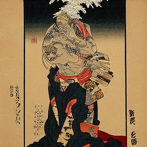 Image similar to U-God rapping, portrait, style of ancient text, hokusai