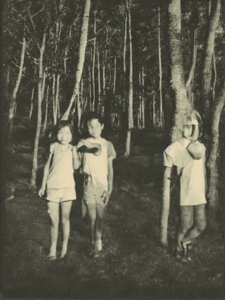 Image similar to a boy and a girl posing for a picture, a strong light behind them, at night, some trees in the background, old polaroid