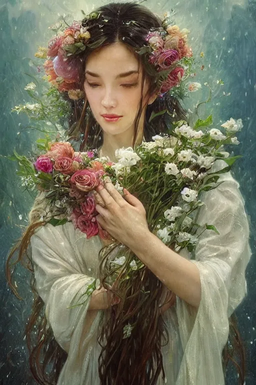 Image similar to portrait of a beautiful mysterious woman holding a bouquet of flowing flowers, wet dripping long hair, hands hidden under the bouquet, emerging from the water, fantasy, regal, intricate, by stanley artgerm lau, greg rutkowski, thomas kindkade, alphonse mucha, loish, norman rockwell