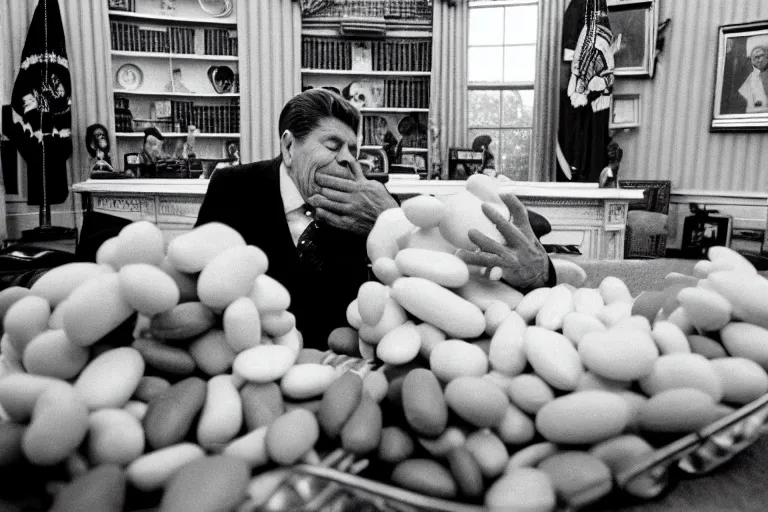 Image similar to 1 9 8 5 black and white photograph of ronald reagan dumping a huge bowl of jelly beans into his gaping maw, in the oval office