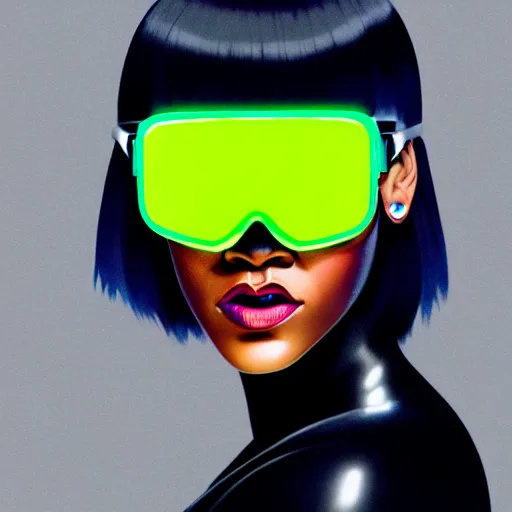 Image similar to Rihanna wearing opaque reflective goggles profile picture by Greg Rutkowski, green Bob wig, asymmetrical, futuristic, volumetric lights, streetwear, studio ghibli, Organic Painting , Matte Painting, geometric shapes, hard edges, trending on the artstation, fantasy LUT, realistic by Sachin Teng + Martin Grip + Moebius + Patrick Gleason, smooth, sharp focus, illustration, art by John Collier and Albert Aublet and Krenz Cushart and Artem Demura and Alphonse Mucha, techwear, Industrial Scifi, detailed illustration, character portrait,