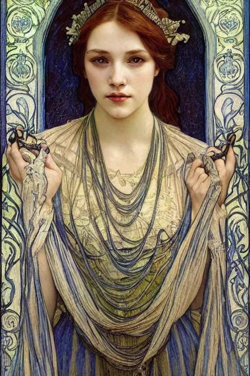 Image similar to detailed realistic beautiful young medieval queen face portrait by jean delville, alphonse mucha, vincent van gogh, and marco mazzoni, art nouveau, symbolist, visionary, gothic, pre - raphaelite