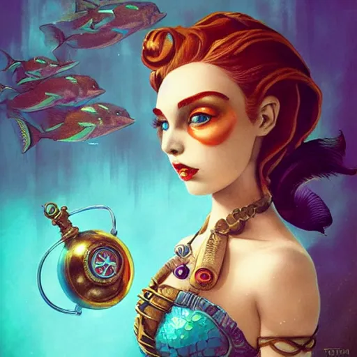 Image similar to lofi underwater bioshock steampunk portrait of mermaid, Pixar style, by Tristan Eaton Stanley Artgerm and Tom Bagshaw.