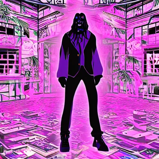 Image similar to undertaker in a vaporwave style