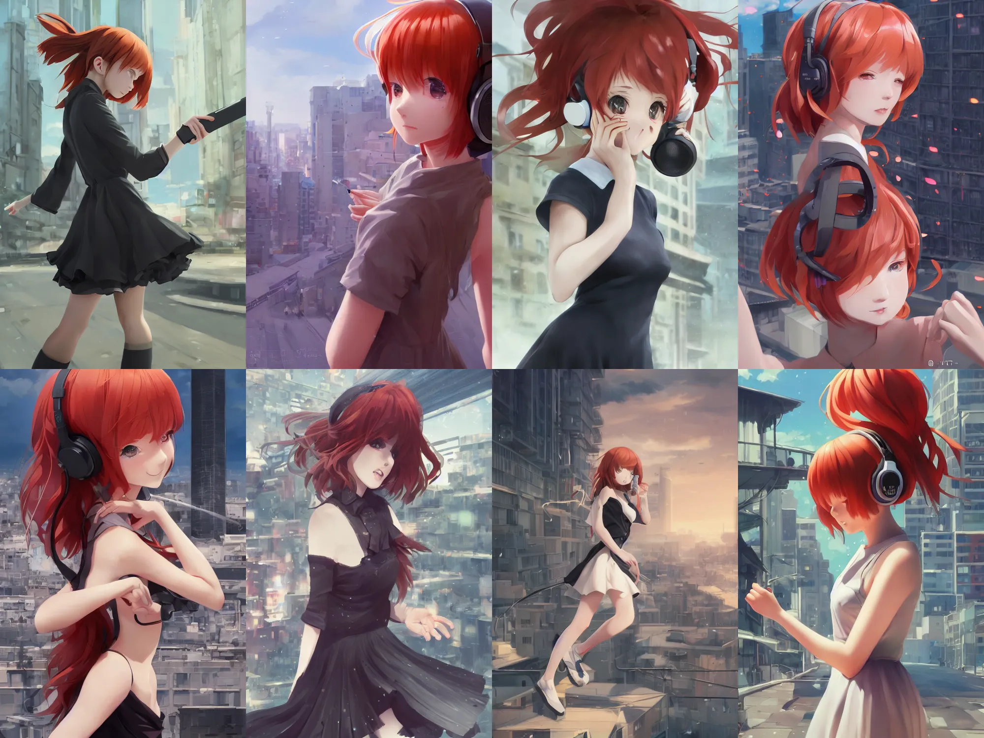 Prompt: Very complicated dynamic composition, realistic anime style at Pixiv CGSociety by ilya kuvshinov, Greg Rutkowski, trending on artstation. Zbrush sculpt colored, Octane render in Maya and Houdini VFX, cute young redhead girl in motion, she expressing joy, wearing dress, headphones, silky hair, stunning deep eyes. In cityscape. Very expressive and inspirational. Amazing textured brush strokes. Cinematic dramatic atmosphere, soft volumetric studio lighting.