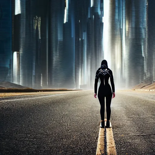 Image similar to photograph of a techwear woman, closeup, on a desert road with a futuristic city in the horizon, sigma 85mm f/1.4, 4k, depth of field, high resolution, 4k, 8k, hd, full color