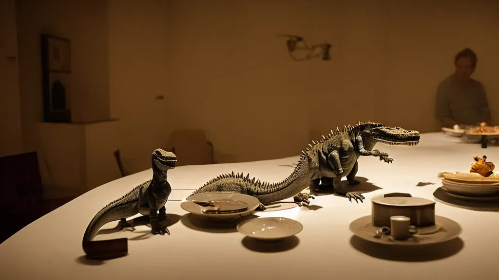 Image similar to the dinosaur sits at a table, made of wax and water, film still from the movie directed by Denis Villeneuve with art direction by Salvador Dalí, long lens, shallow depth of field