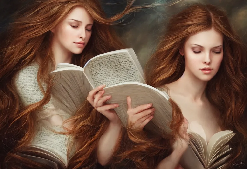 Prompt: a girl reading a book, hair flowing down, 8 k, hyperrealistic, hyperdetailed, fantasy portrait by laura sava, singular woman