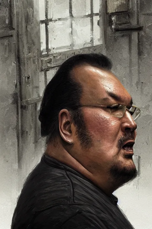 Prompt: obese steven seagal in prison for treason, intricate, elegant, highly detailed, digital painting, artstation, concept art, smooth, sharp focus, illustration, art by greg rutkowski, masterpiece, perfect composition, award - winning photography, cgsociety