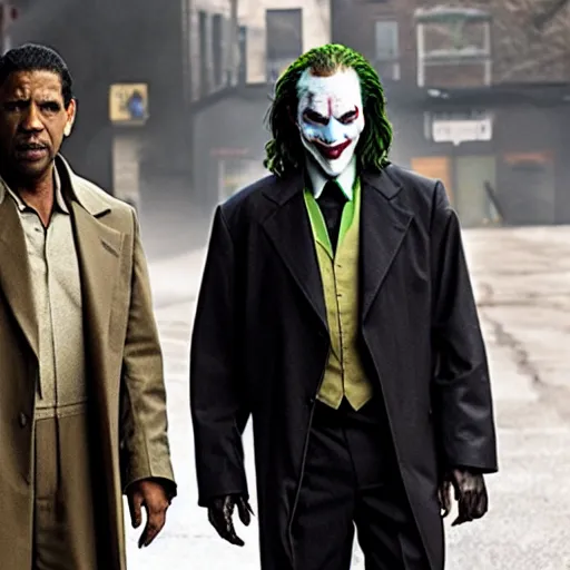 Prompt: film still of Denzel Washington, Denzel Washington, Denzel Washington as joker in the new Joker movie