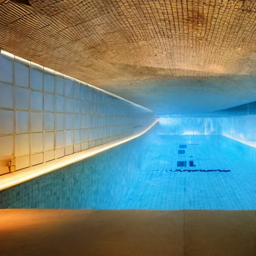 Image similar to a flooded indoor pool, underground, surreal, hotel pool, iminal space,