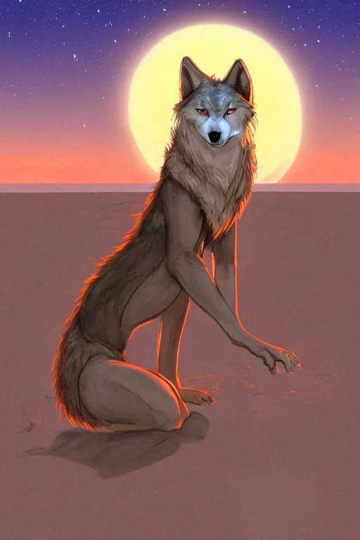 Prompt: anthropomorphic wolf fursona sitting in sand lit by the sunset, furry art, trending on artstation, digital art, kawacy, trending on furaffinity
