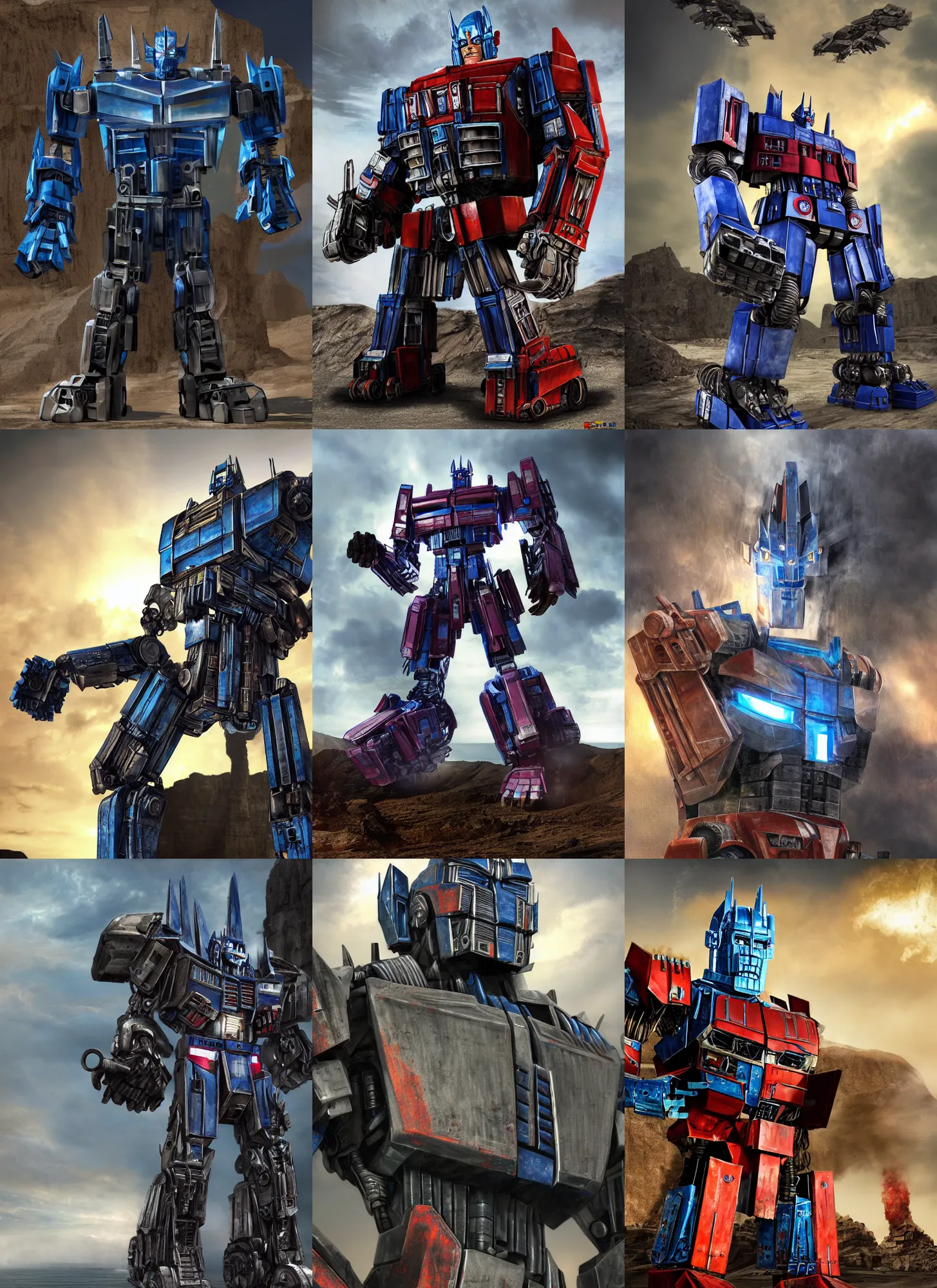 Prompt: exciting character portrait of optimus prime from transformers 2 0 0 7 in robot mode standing in a rock quarry, daytime, digital painting, robot truck, robot made of truck parts, concept art, michael bay, industrial light and magic, industrial light & magic, in the style of ilm, substance painter, painted texture maps, michael bay transformers, artstation