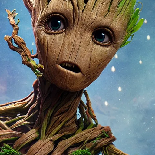 Prompt: groot, hyper detailed, digital art, trending in artstation, cinematic lighting, studio quality, smooth render, unreal engine 5 rendered, octane rendered, art style by klimt and nixeu and ian sprigger and wlop and krenz cushart