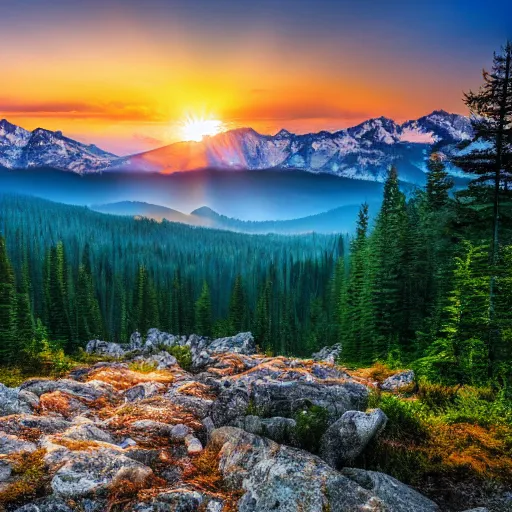 Prompt: majestic forest mountain landscape sunset, high definition, high detail, 8k, photorealistic