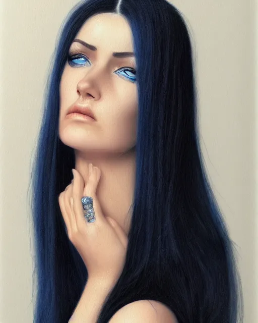 Image similar to realistic portrait of woman with black hair and blue eyes while she's sad, ultra realistic, 8k