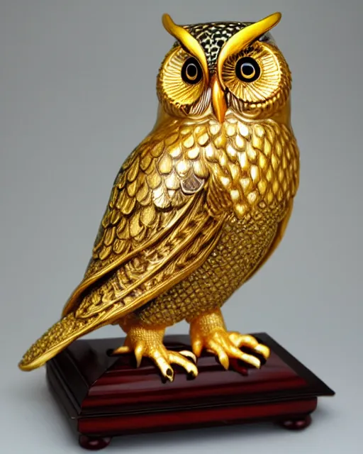 Image similar to gorgeous ornated snow white porcelain realistic detailed sacred owl statue with golden filigree carved out of ivory