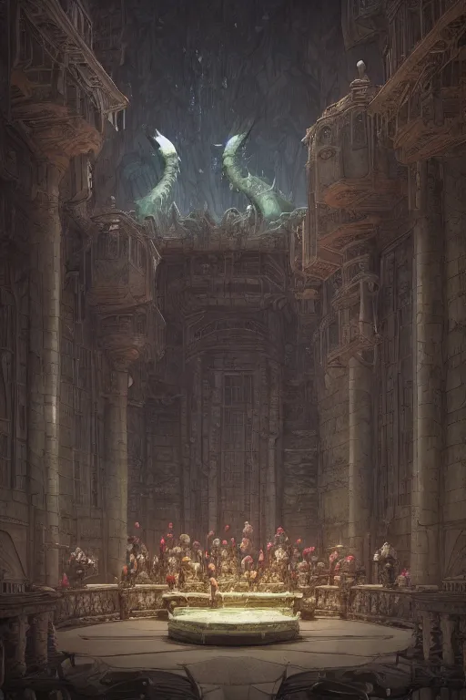 Image similar to a highly detailed matte painting of an audience of monsters inside an expansive throne room by studio ghibli, makoto shinkai, by artgerm, by wlop, by greg rutkowski, volumetric lighting, octane render, 4 k resolution, trending on artstation, masterpiece