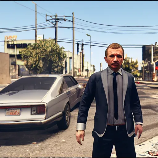 Image similar to martin freeman in gta v, looking confused, a car exploding in the background. unreal engine 4 render 4 k