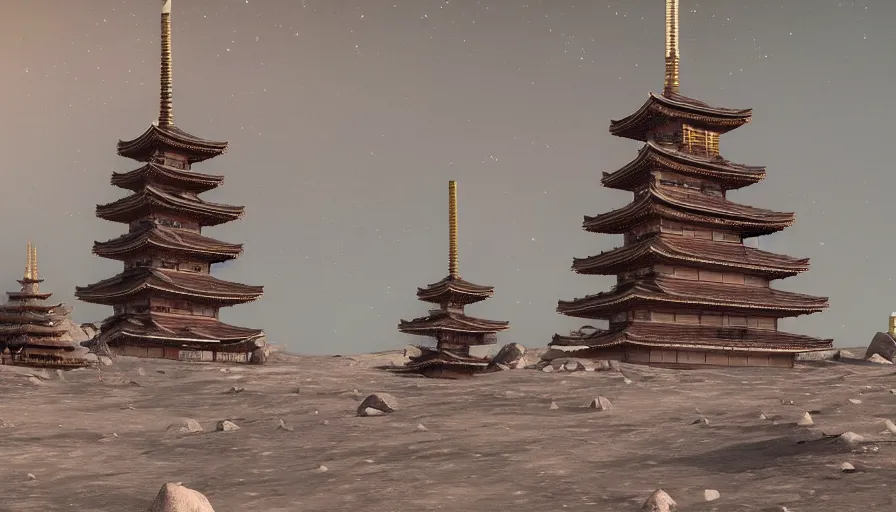 Image similar to japanese pagodas built on the moon with fountains with the earth in the background, hyperdetailed, artstation, cgsociety, 8 k