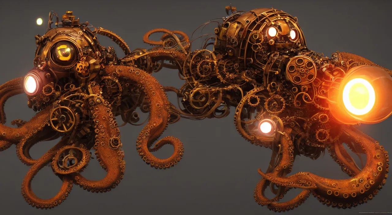 Image similar to steampunk mechanical octopus with glowing emissive eyes hyperrealistic emissive beautfiul artstation portfolio trending Ryan Church concept mist cyberpunk 2077 hardsurface modeling