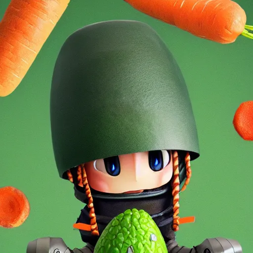 Image similar to little robot with big avocado hat and a carrot sword, made in abyss style