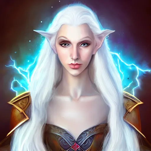 Image similar to Beautiful white haired aged fair skinned scholar elf with spell scroll and lightning background, realistic eyes, full body, symmetrical, realism, digital painting, detailed artwork, portrait, mythical, artstation, high quality