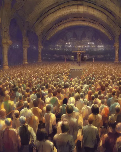 Image similar to craig mullins and ghibli digital matte art of a crowd in a futuristic church, strong lines, priest, pews, inviting, unreal engine, hyper realism, realistic shading, cinematic composition, realistic render, octane render, detailed textures, photorealistic, wide shot