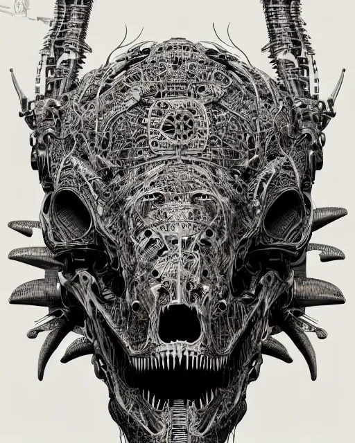 Image similar to intricate mechanical robot trex dinosaur skull, transformer, symmetrical illustration, bold line symmetrical illustration by peter gric, hr giger, kim jung gi, joe fenton, scifi, screen print, trending on art station, sharp, high contrast, ultrafine hyper detailed,