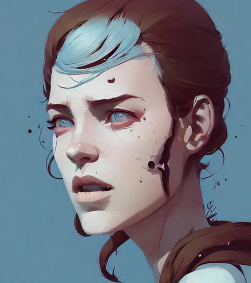 Image similar to portrait of a woman raised on the island face tatooes by atey ghailan, by greg rutkowski, by greg tocchini, by james gilleard, by joe fenton, by kaethe butcher, dynamic lighting, gradient light blue, brown, blonde cream and white color scheme, grunge aesthetic