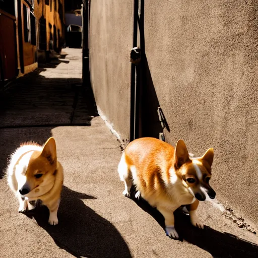 Prompt: Corgis standing in an alley, facing away from the camera, seductively looking back. Photograph, 4k, realistic, mood lighting