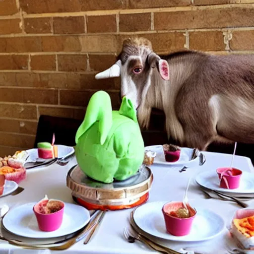 Prompt: a goat’s head on the table at a kids birthday party