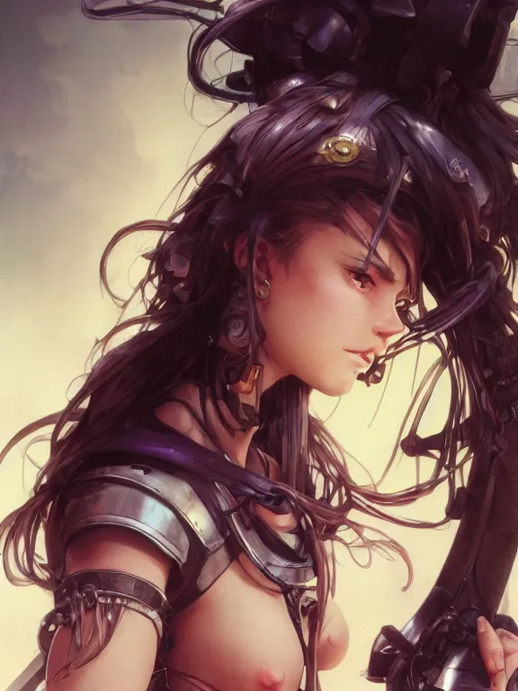 Prompt: close up picture of a uniformed berserker girl with technical devices looking at the camera, cynical, bored, beautiful and aesthetic, intricate, unreal engine, messy hair, highly detailed, detailed face, smooth, sharp focus, chiaroscuro, manga illustration, artgerm, greg rutkowski, alphonse mucha, young adult light novel cover art