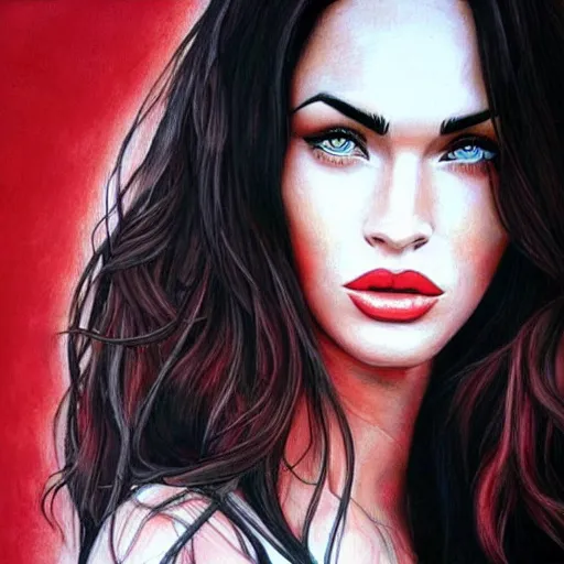 Prompt: “Beautiful Megan Fox Red pencil paintings, only red and white colors, ultra detailed portrait, 4k resolution”