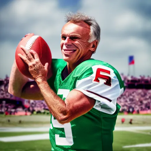 Image similar to joe montana throwing a baby as a football, ( sony a 7 r iv, symmetric balance, polarizing filter, photolab, lightroom, 4 k, dolby vision, photography awardm, voque, perfect face )