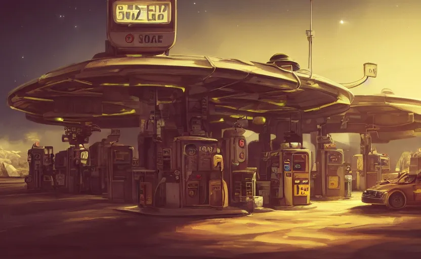 Image similar to gas station in space, 8 k, steampunk, hard edges, zoomed in, very coherent, sharp focus, rim light, exquisite lighting, hard edges, sci - fi, print, cinematic, game art, soft painting, trending on artstation