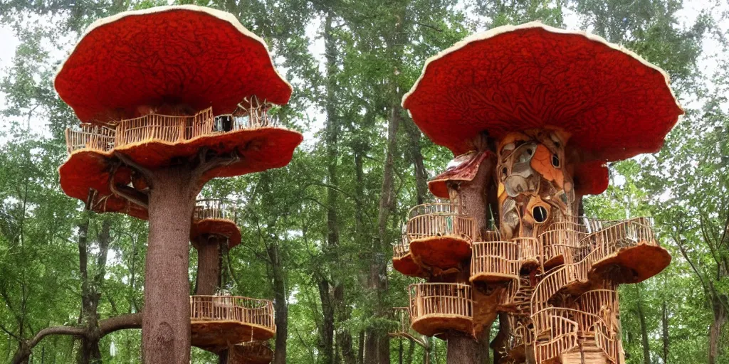 Image similar to treehouse made from an enormous amantia muscaria mushroom