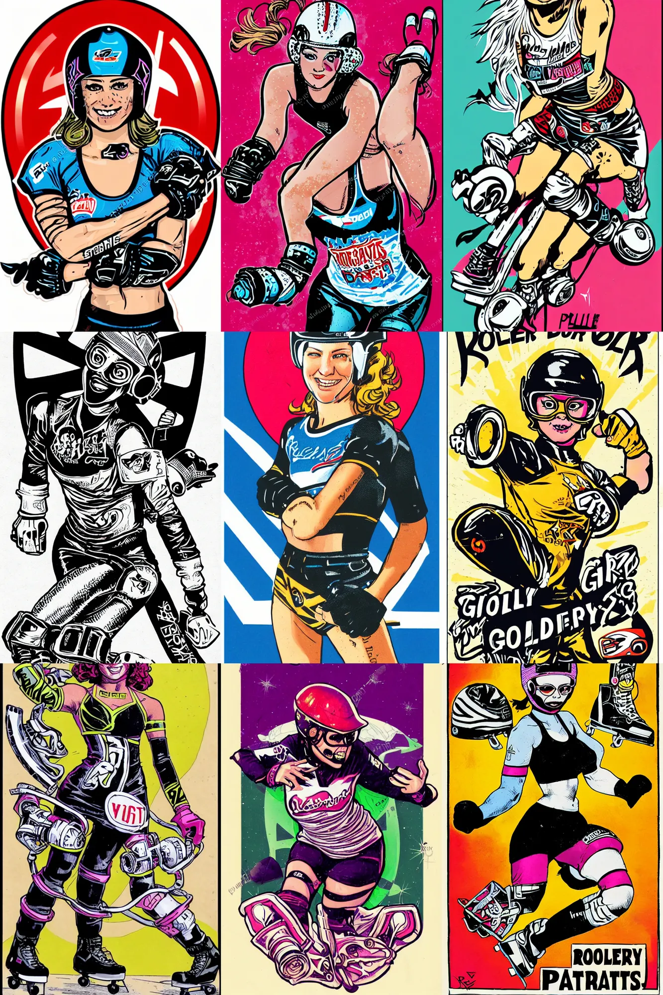 Prompt: roller derby girl portrait, logo, wearing skating helmet, wearing knee and elbow pads, showing victory, Philippe Caza