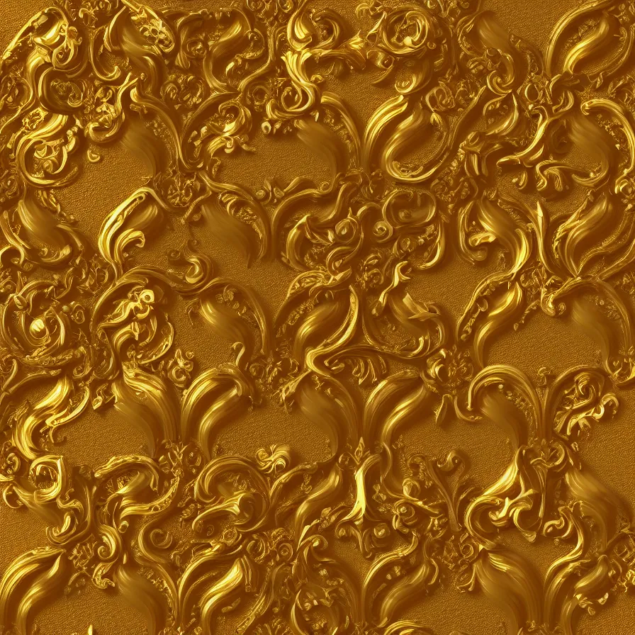Image similar to subsurface scattering, seamless 3 d baroque gold pattern, beautiful dynamic shadows, gold and pearls, symmetrical, rococo elements, damask, artstation, versace pattern, concept design art, octane render, 8 k