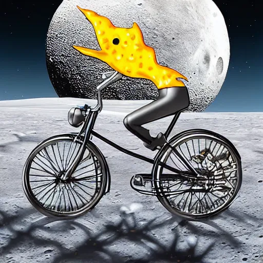 Prompt: a stainless steel bike, with swiss cheese wheels a wheel, a rat cycling fast on the surface of the moon and drives away from a huge and dangerous mushroom cloud of a nuclear explosion. photorealistic