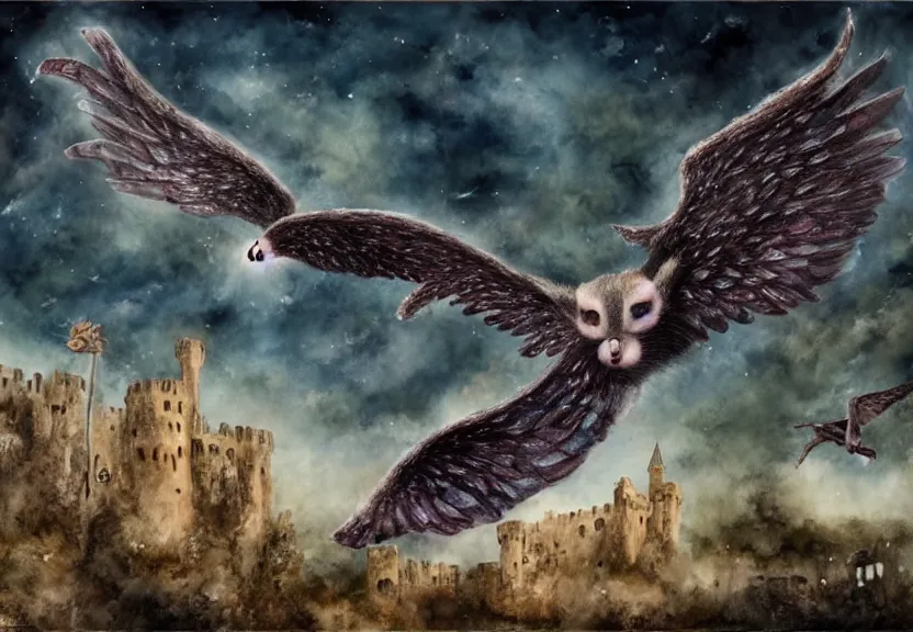 Image similar to epic winged possum flying over a medieval castle under a dark starred sky, dark fantasy, watercolor, dreaming illusion, highly detailed, 4k, trending on Artstation, award-winning