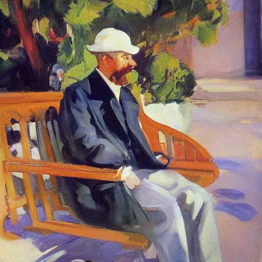 Prompt: sorolla's painting of the scientist at a bench