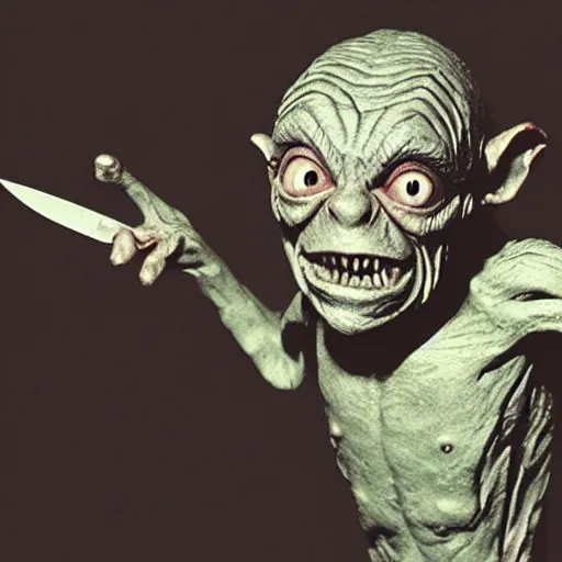 Image similar to Gollum in killer mask, with knife