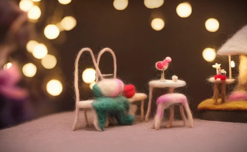 Prompt: mini cafe diorama macro photography, needle felted animals, ambient, atmospheric photograph, string lights, romantic