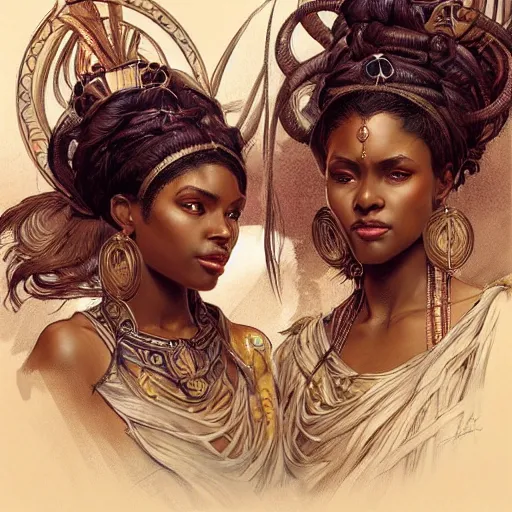 Prompt: three!! beautiful Zulu goddesses, intricate, elegant, highly detailed, digital painting, artstation, concept art, smooth, sharp, focus, illustration, art by artgerm and greg rutkowski and alphonse mucha