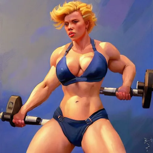 Image similar to greg manchess portrait of scarlett johansson as roided thick very muscular weightlifter zarya from overwatch with short blond hair and ponytail, fantasy, medium shot, asymmetrical, profile picture, organic painting, sunny day, matte painting, bold shapes, hard edges, street art, trending on artstation, by huang guangjian and gil elvgren and sachin teng