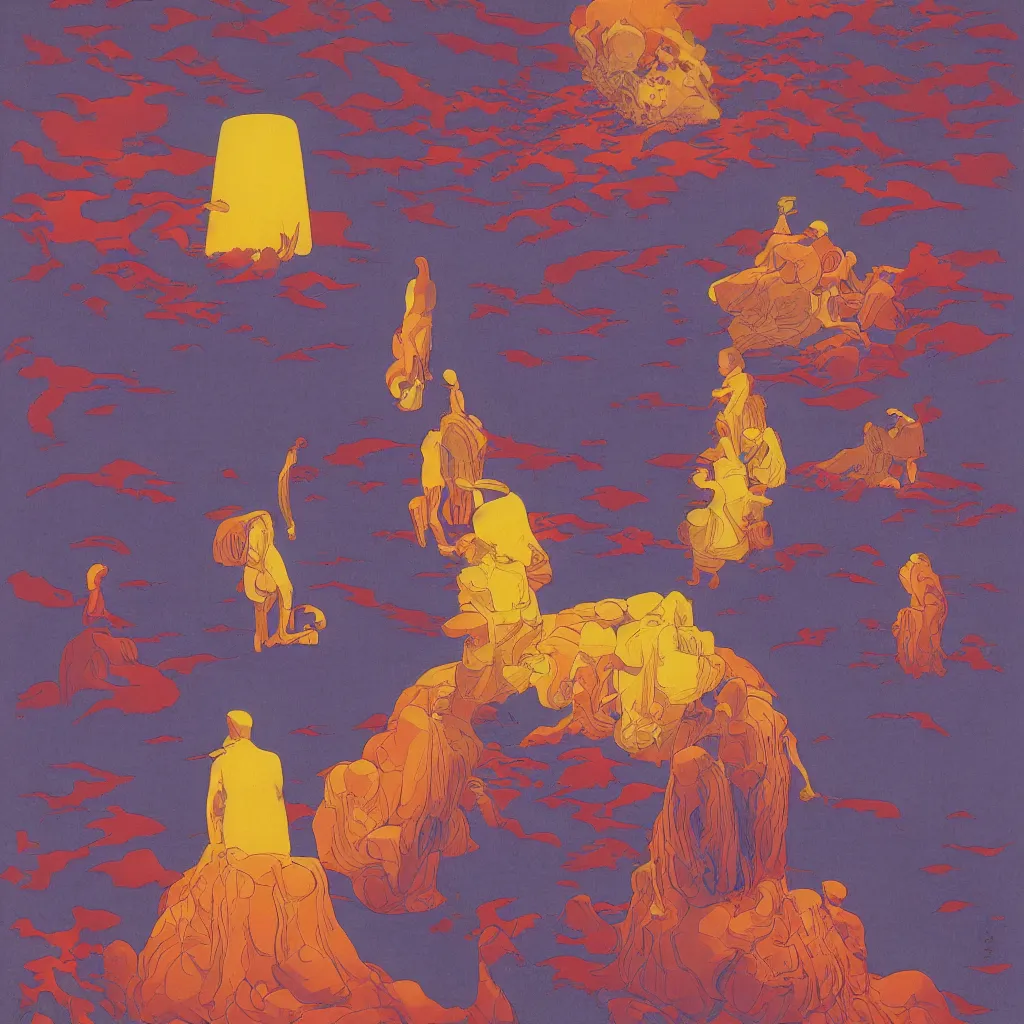 Image similar to a paper blotter tab of LSD acid melting into a surreal psychedelic hallucination, screenprint by kawase hasui, moebius, Edward Hopper and James Gilleard, Zdzislaw Beksinski, Steven Outram colorful flat surreal design, hd, 8k, artstation