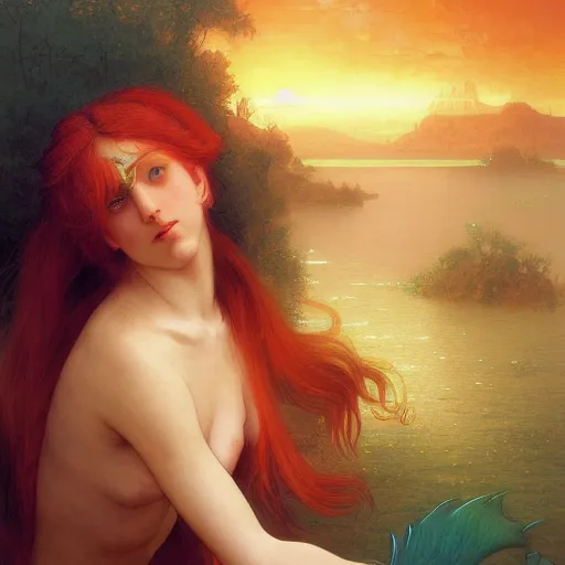 Image similar to a beautiful stunning interesting detailed fantasy whimsical matte digital portrait illustration of a mermaid with blue-green hair, yellow-orange and red-violet spectacular sunset, in the style of William Adolphe-Bouguereau and Marc Simonetti, magic the gathering, trending on artstation hq, contest winner