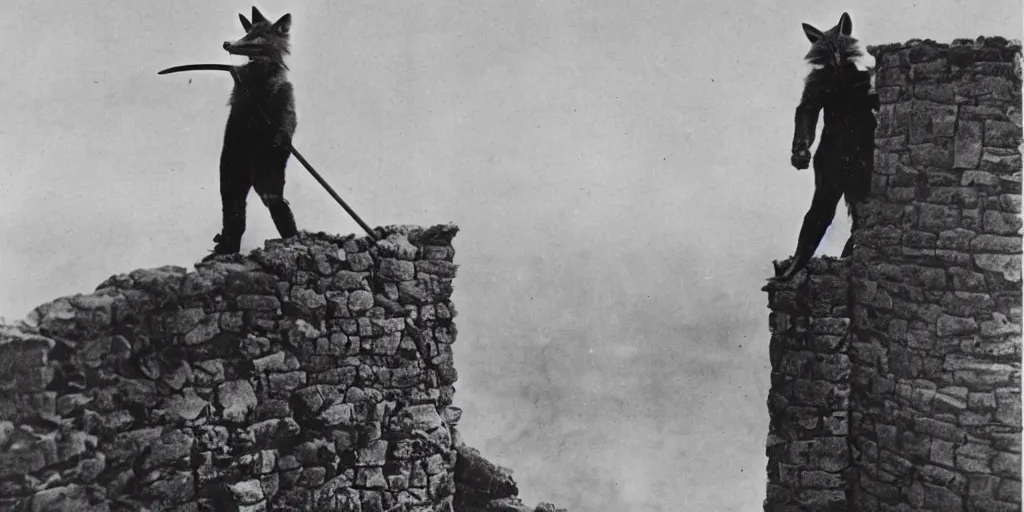 Image similar to anthropomorphic furry fox fighting villain on top of the highest point of a castle, 1 9 1 0 s film scene