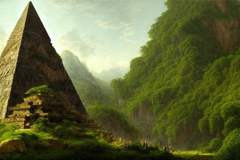 Prompt: a beautiful and highly detailed digital painting of a stone pyramid in the centre of a massive lush mountainous jungle, intricate details, epic scale, hyperdetailed, hyperrealism, artstation, cgsociety, 8 k, sharp focus, by caspar friedrich, albert bierstadt, james gurney,